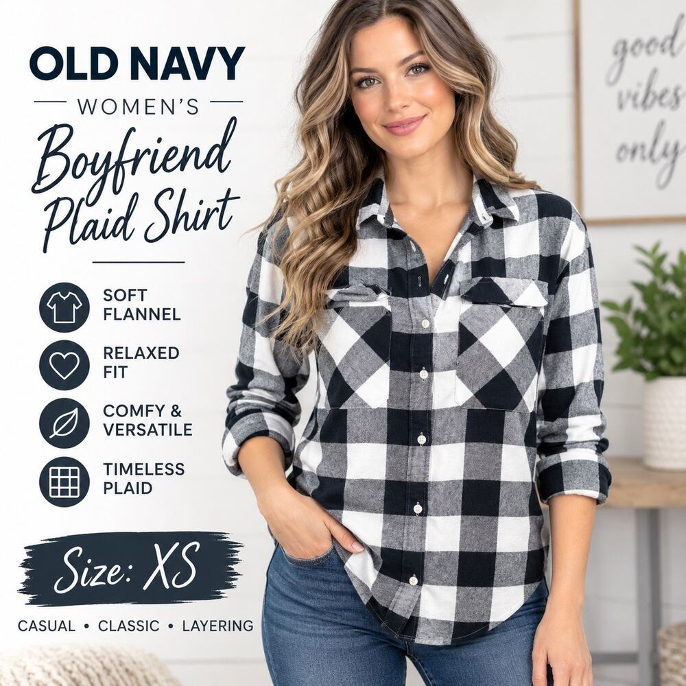 Old Navy Womens Boyfriend Plaid Flannel Shirt Black Gray White Long Sleeve XS